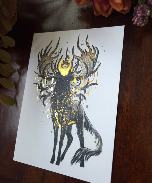 Nine horned Deer A6 Gold foil print