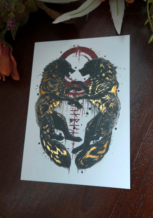 Geri and Freki A6 Gold foil print