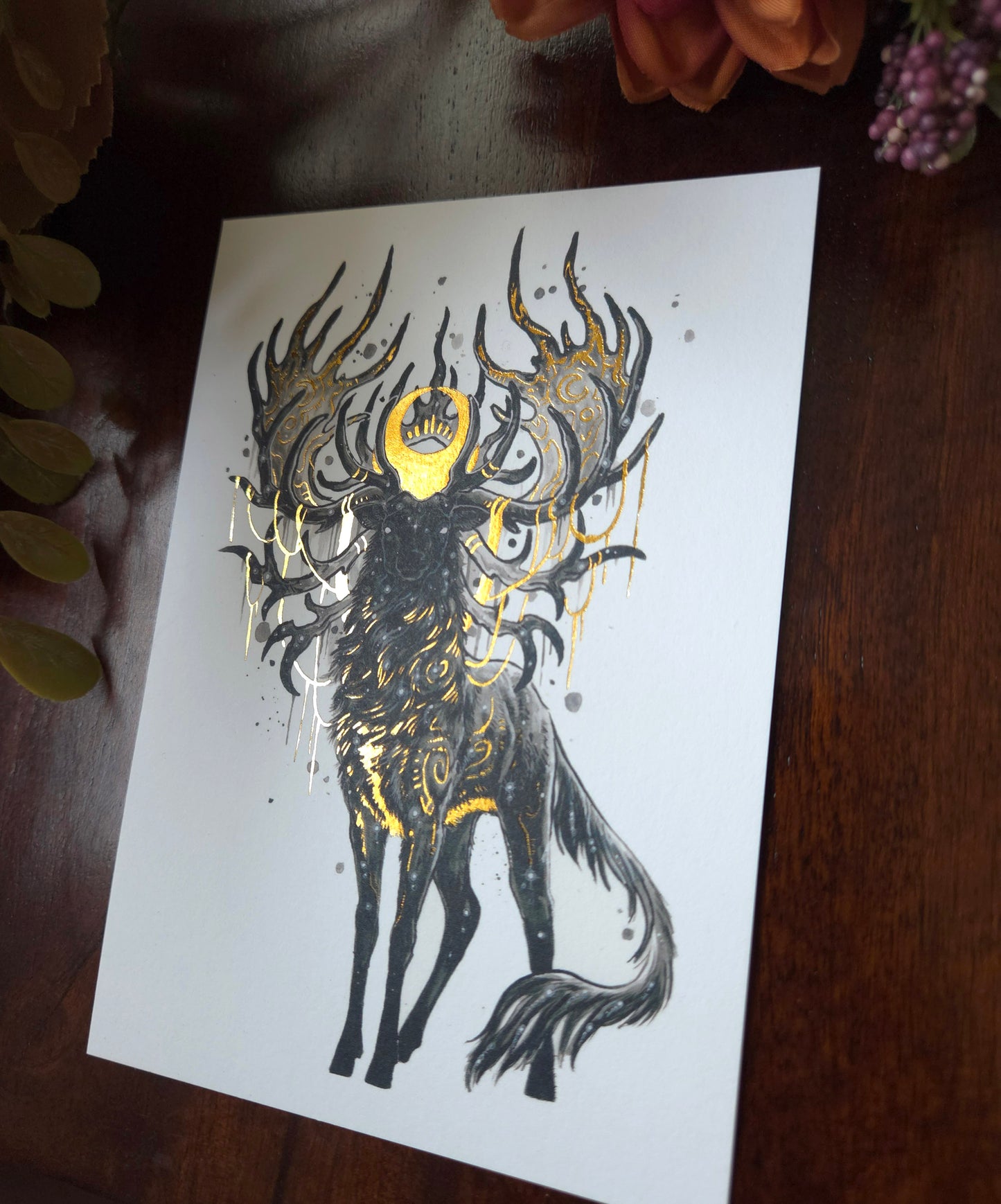 Nine horned Deer A6 Gold foil print