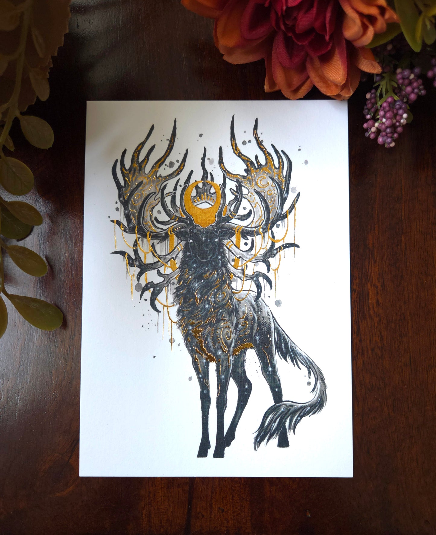 Nine horned Deer A6 Gold foil print