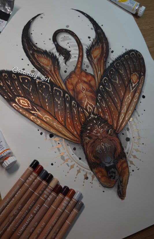 Lion + Long Tailed Burnet Moth ORIGINAL