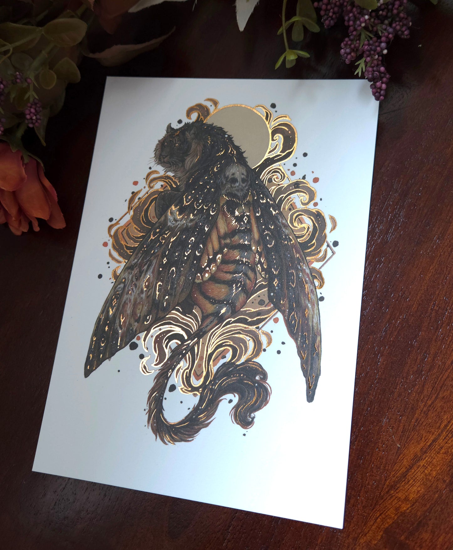 Tiger + Death head's Hawk Moth A5 Gold foil print